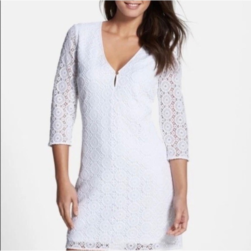 Lilly Pulitzer Lamora Resort White Lace Mini Dress V Neck 3/4 Sleeve Coquette z0